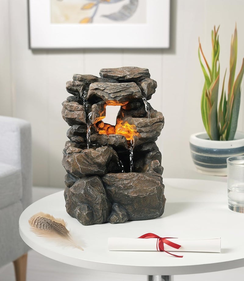 Haobos Cascading Indoor Tabletop Water Fountains with LED Light - Rockery Waterfall Fountain - Quiet and Relaxing Water Sound - Small 9.7 Inch Desktop Size - Home/Office Decor - Image 1